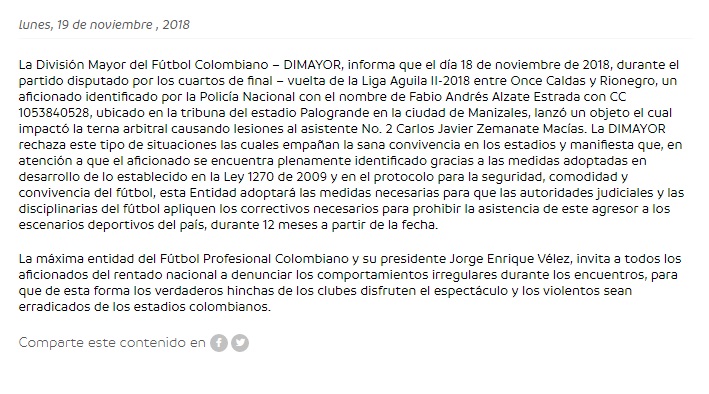 Comunicado Hincha Agresor del Once Caldas