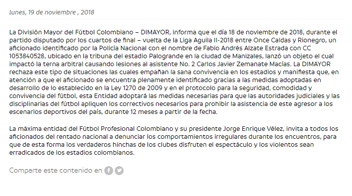 Comunicado Hincha Agresor del Once Caldas