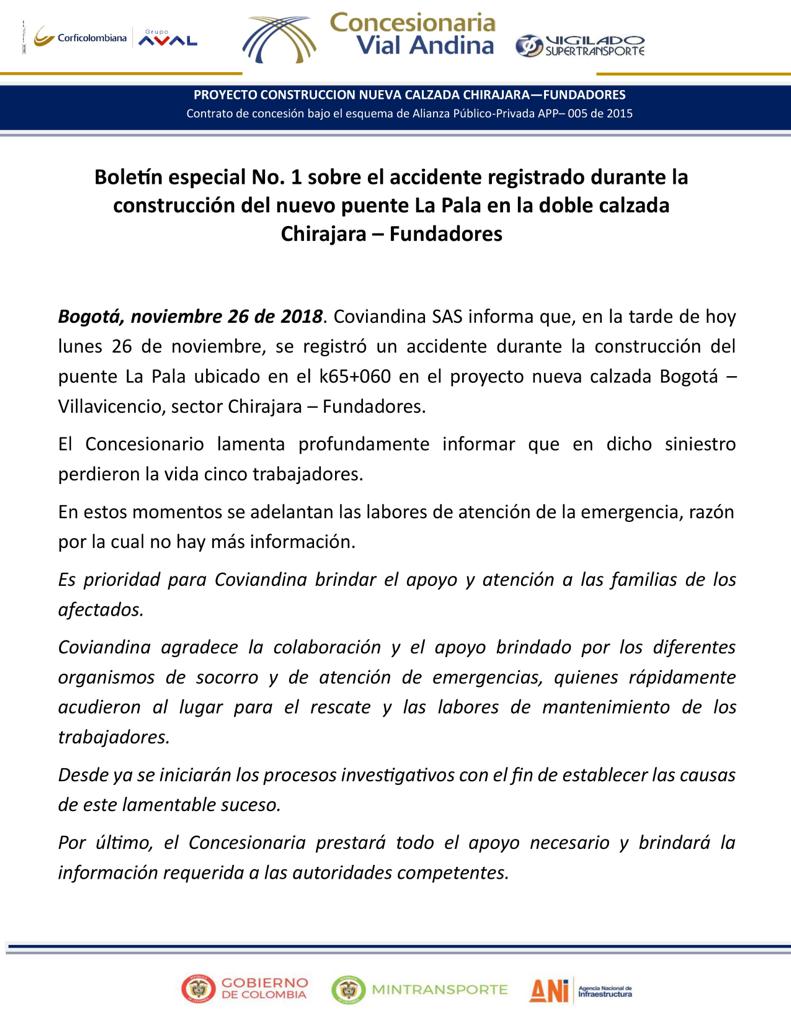 Comunicado de Coviandina sobre la nueva emergencia