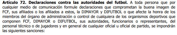 Artículo 72 del código disciplinario de la Dimayor