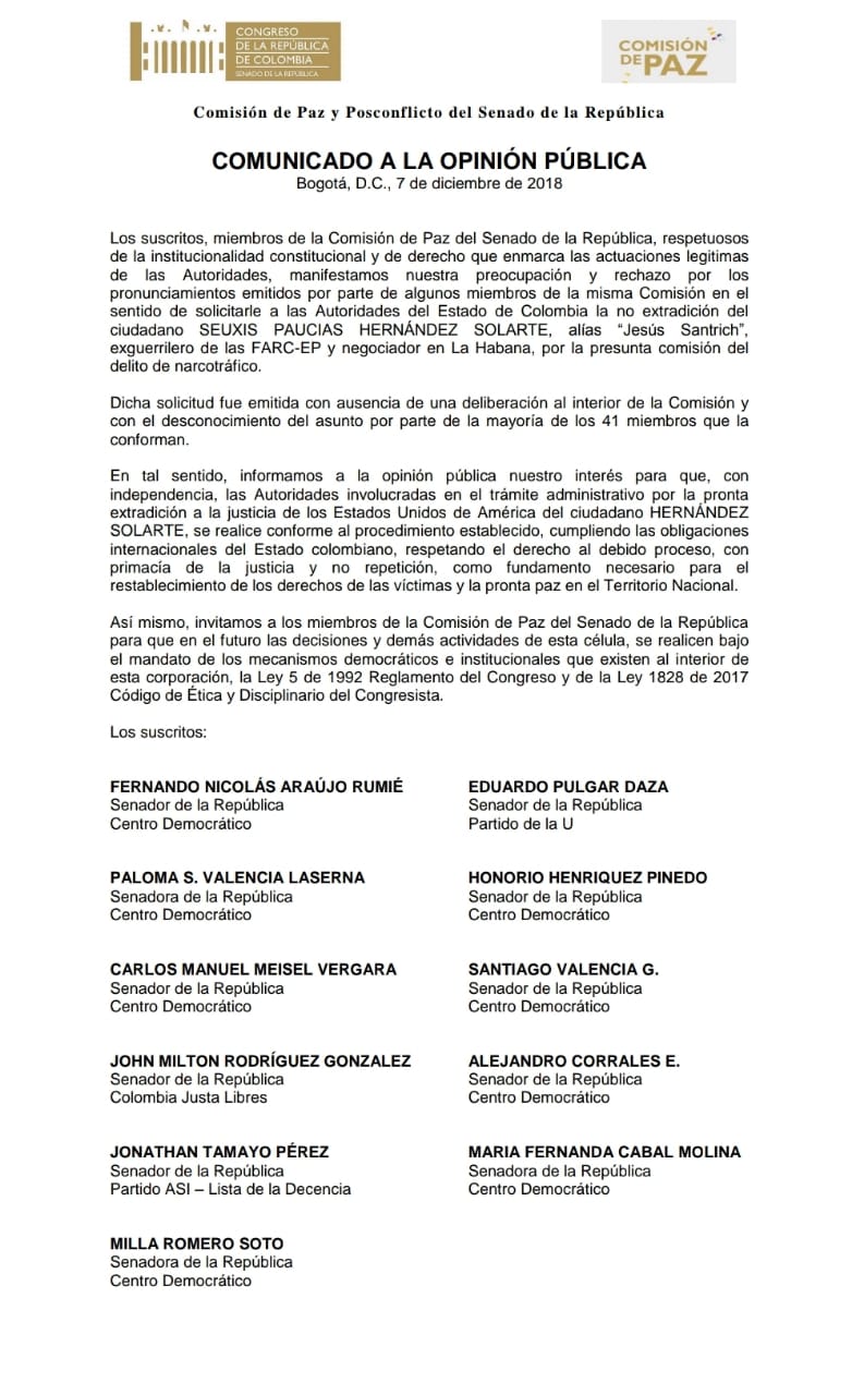 Comunicado Uribismo Comisión de Paz