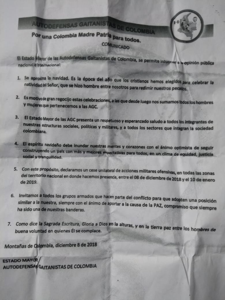 El Clan del Golfo dice que suspenderán las ofensivas hasta el 10 de enero.