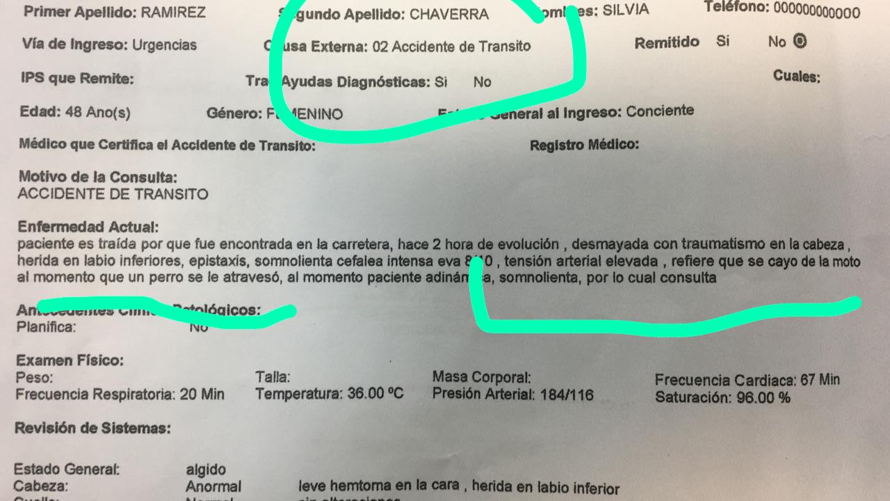 Reporte médico de la líder social Maritza Ramírez Chaverra