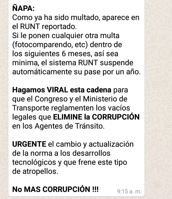 Estos son algunos de los apartes del mensaje que circula en WhatsApp