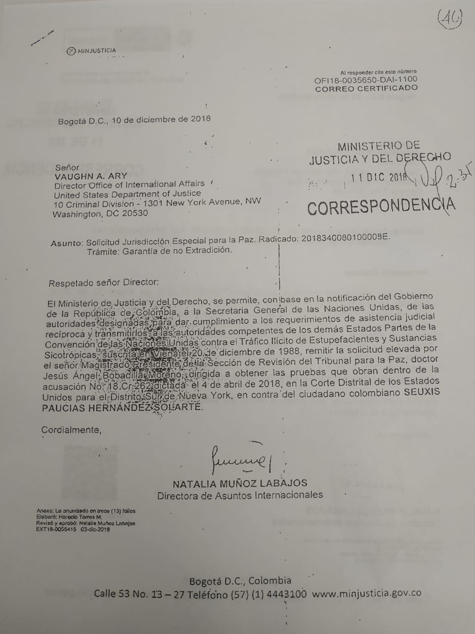 La carta del caso Santrich que debía llegar al Departamento de Justicia de Estados Unidos