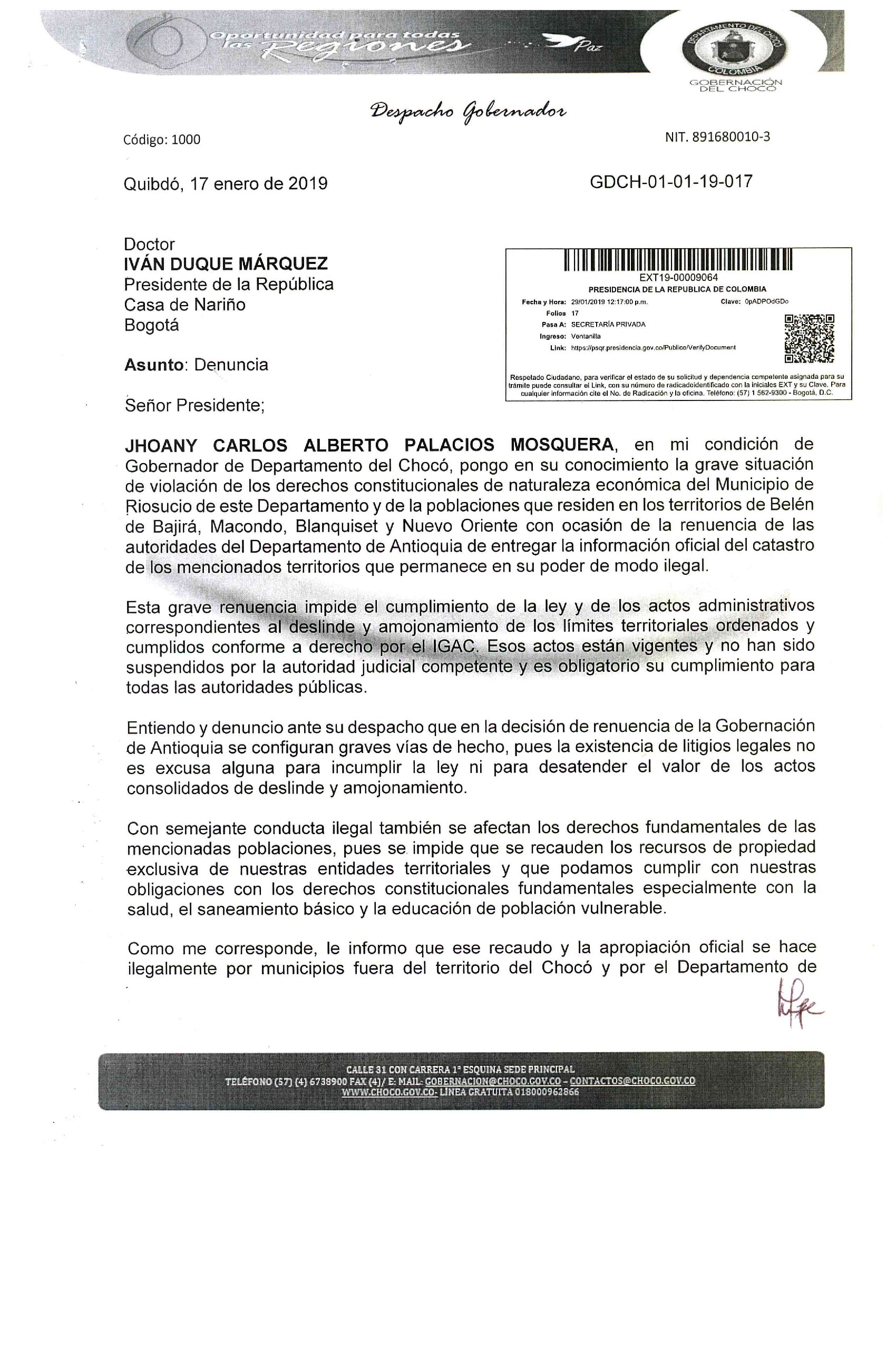 Carta del gobernador de Chocó al presidente Iván Duque.