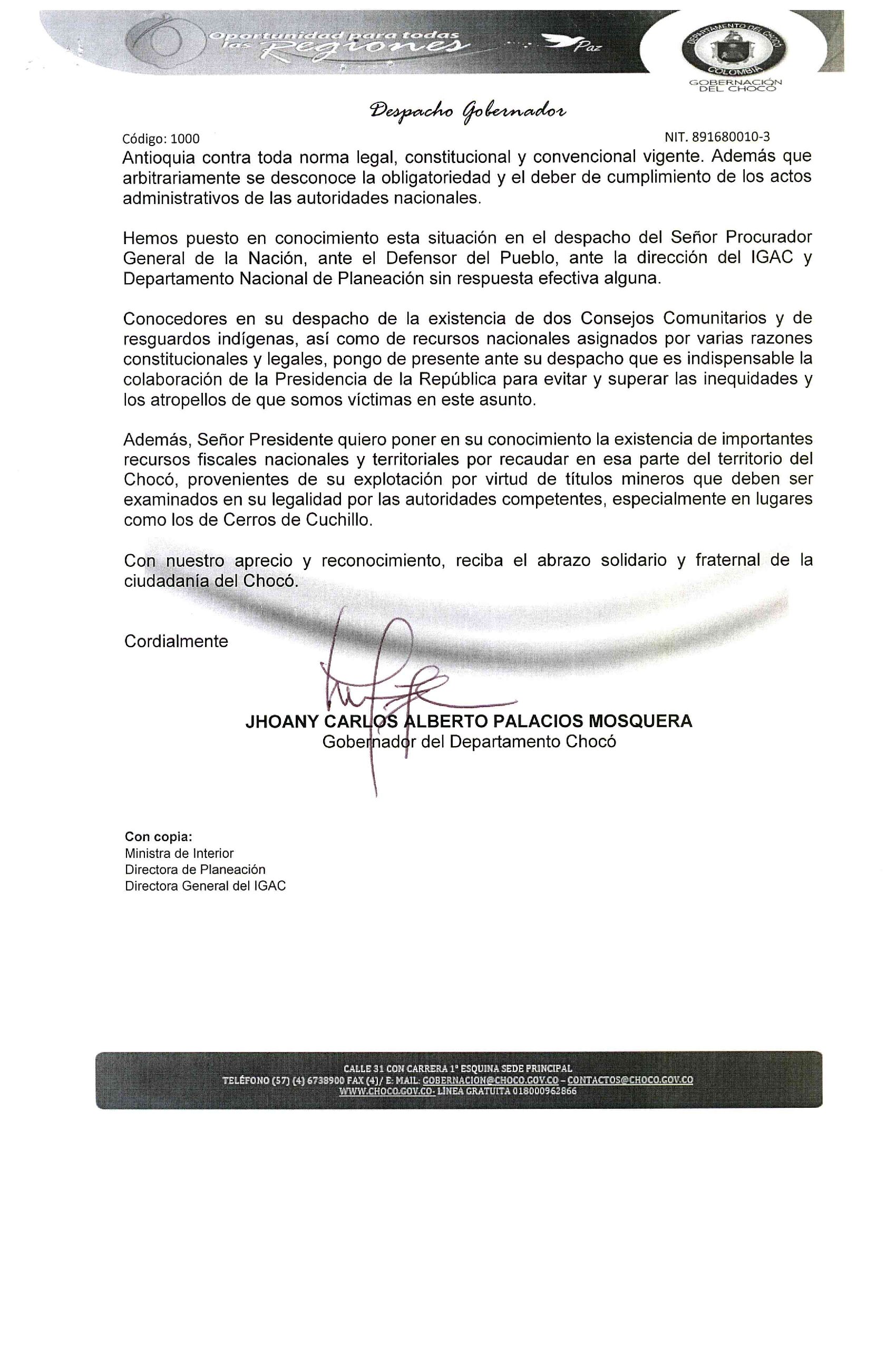Carta del gobernador de Chocó al presidente Iván Duque.