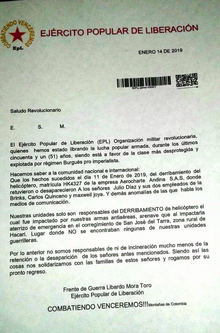 Comunicado del Epl sobre tripulación secuestrados en el Catatumbo