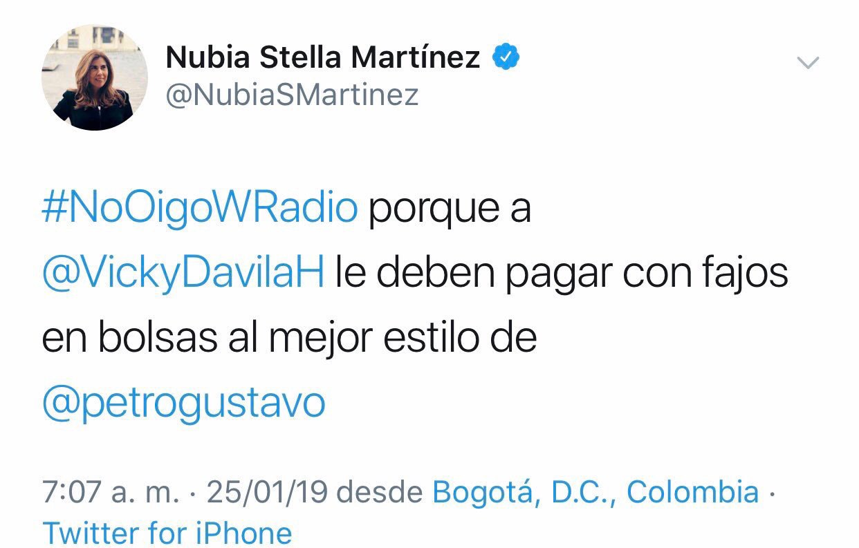 Pantallazo cuenta de Twitter de Nubia Stella Martínez