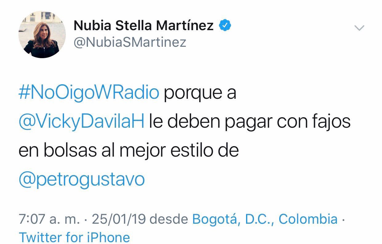 Pantallazo cuenta de Twitter de Nubia Stella Martínez 