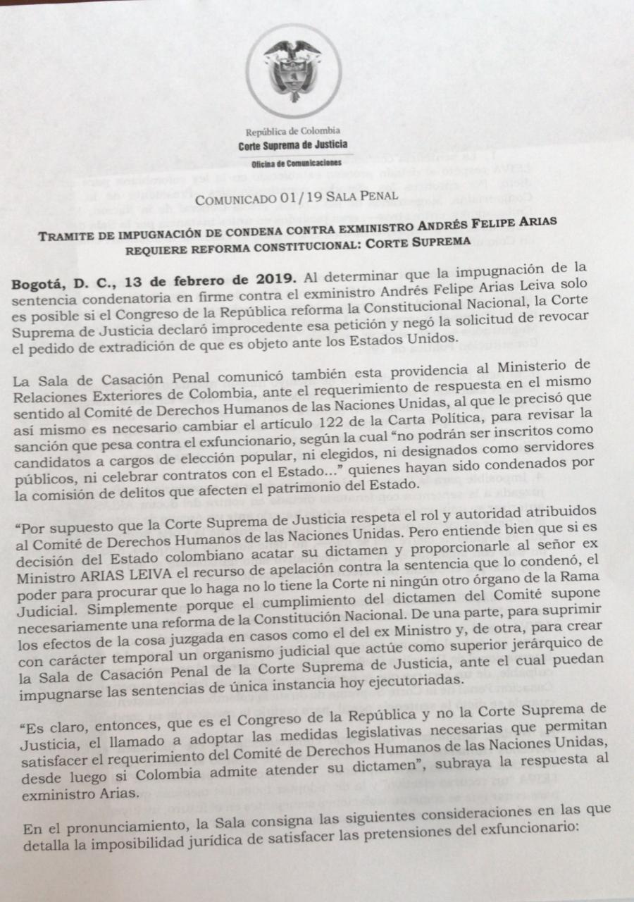 COMUNICADO CORTE SUPREMA - ANDRÉS FELIPE ARIAS