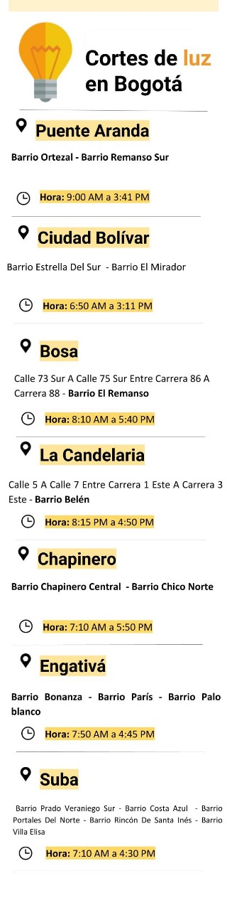 Cortes de luz en Bogotá miércoles 27 de febrero Cortes de luz en Bogotá miércoles 27 de febrero