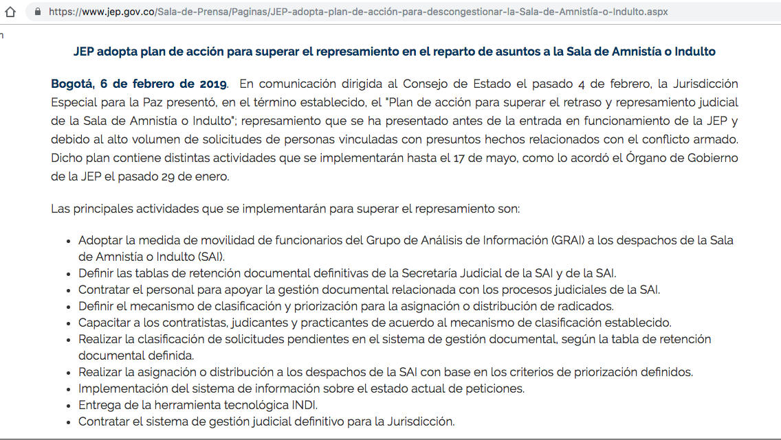 Comunicado JEP sobre contrataciones para Sala de Amnistía