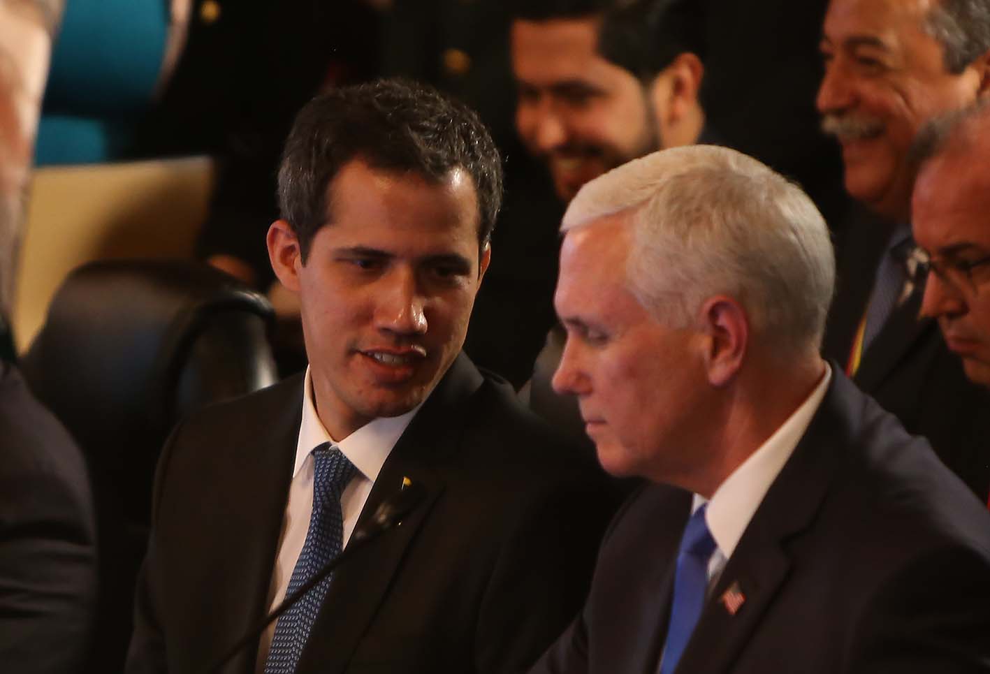 Juan Guaidó y Mike Pence, en la reunión del Grupo de Lima, en Bogotá