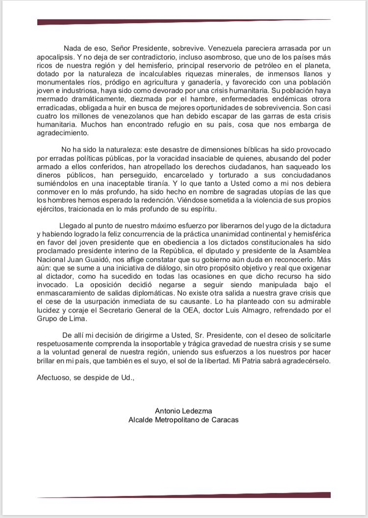 Carta de Antonio Ledezma a Presidente de uruguay