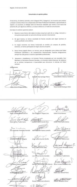 Carta enviada por los árbitros, luego de denuncias de acoso sexual