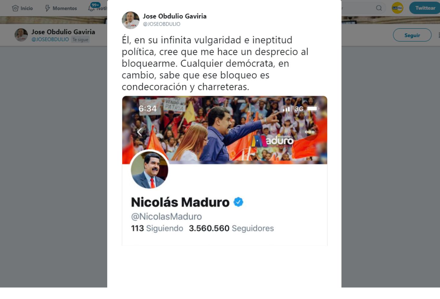 José Obdulio Gaviria dijo que fue bloqueado en Twitter por Nicolás Maduro.