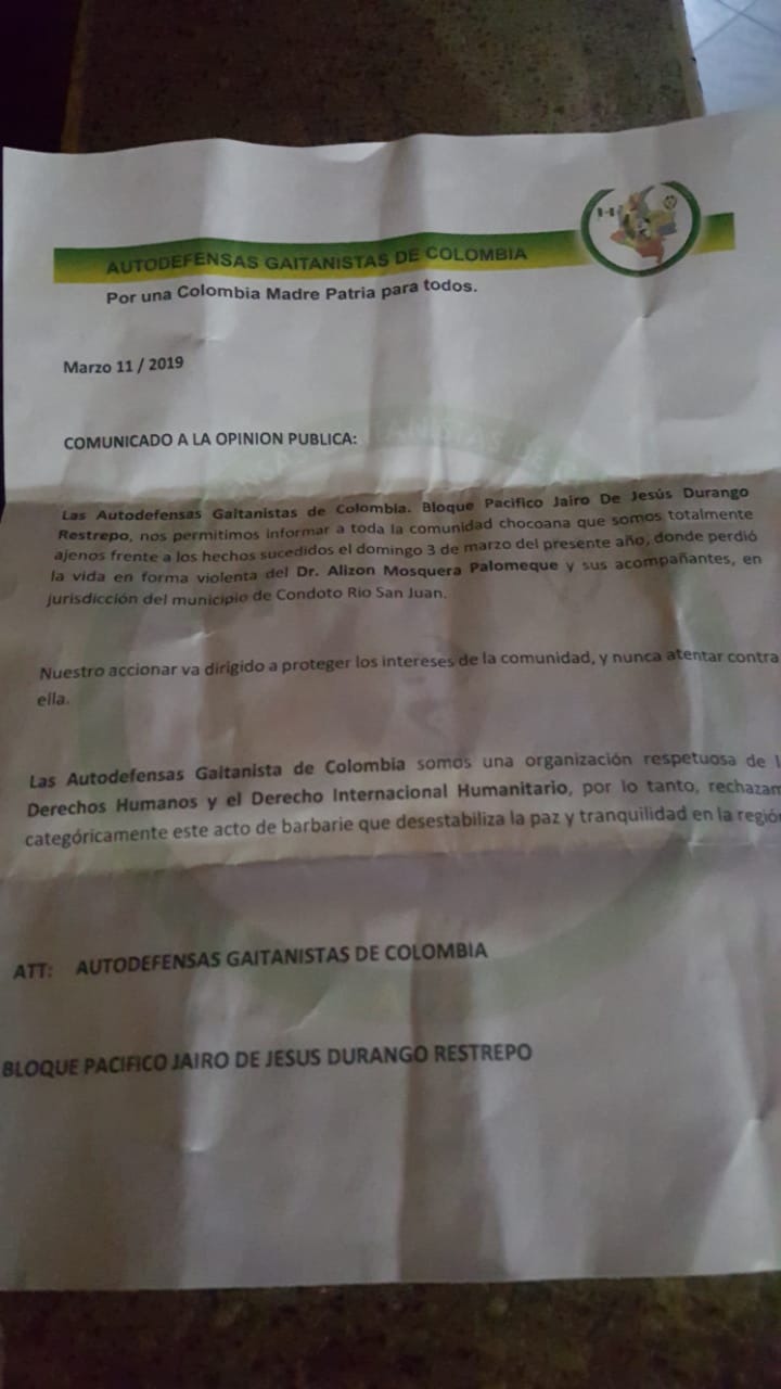Clan del Golfo niega responsabilidad en asesinato del Diputado de Chocó