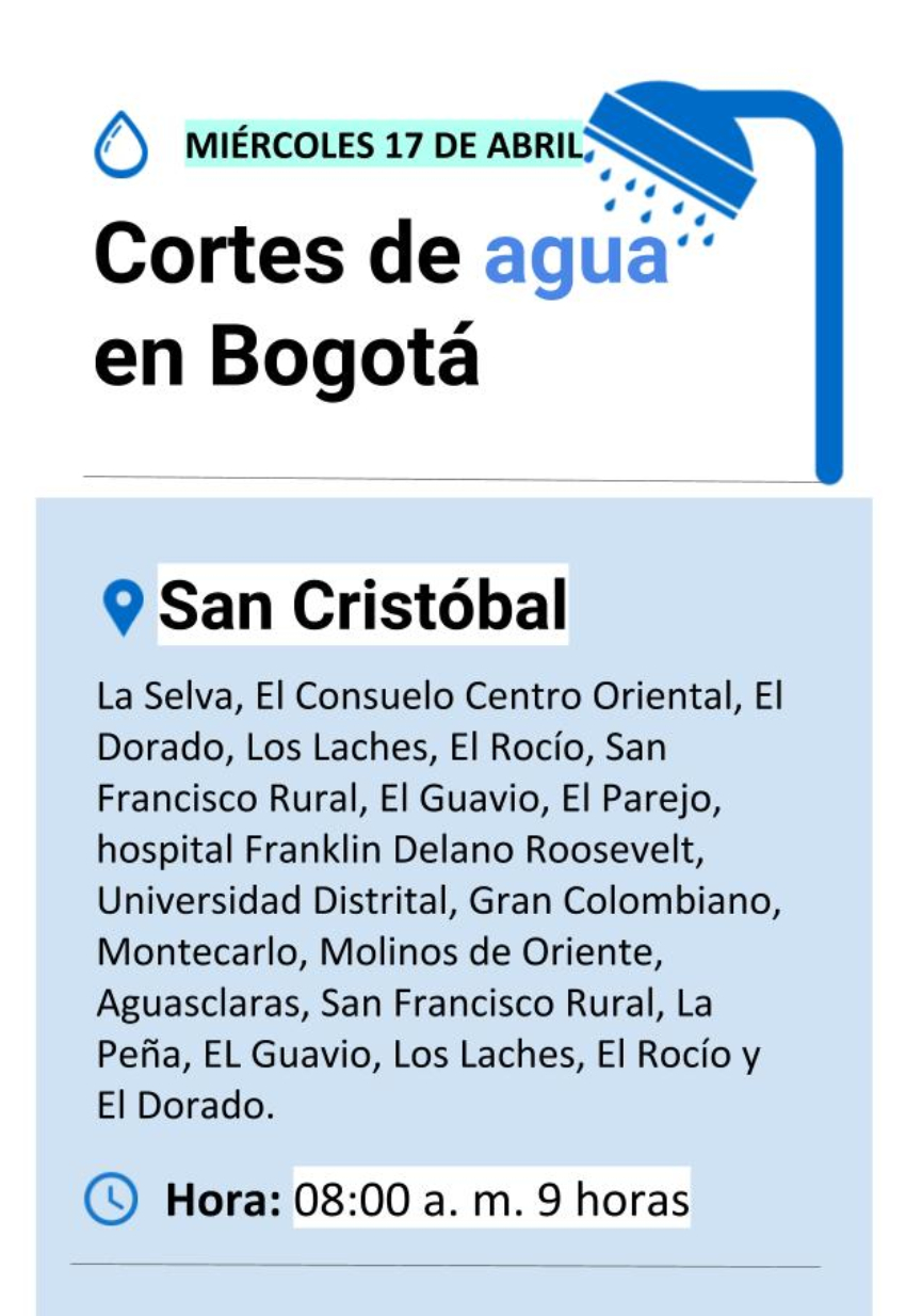 Cortes de agua en Bogotá miércoles 17 de abril