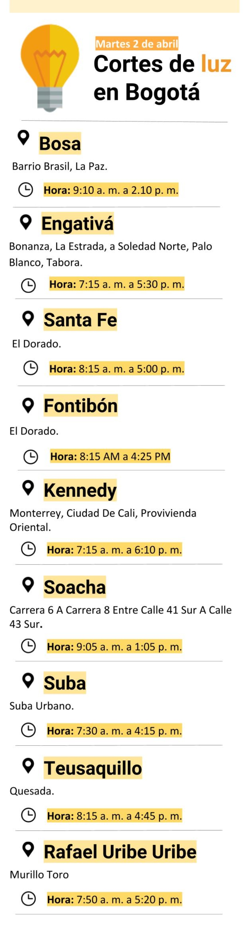 Cortes de luz en Bogotá martes 2 de abril