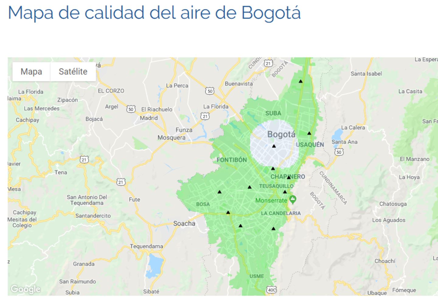 Mapa de calidad del aire de Bogotá