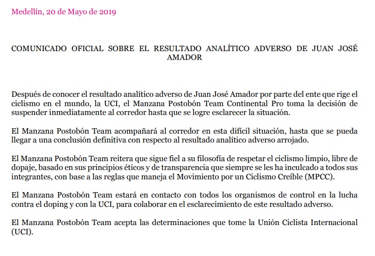 Comunicado Manzana Postobón Dopaje