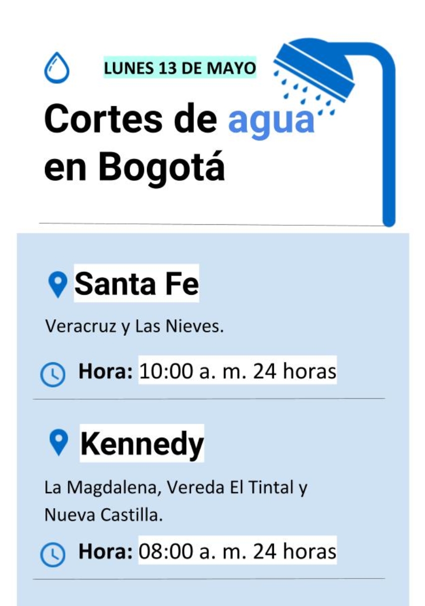 Cortes de agua en Bogotá lunes 13 de mayo