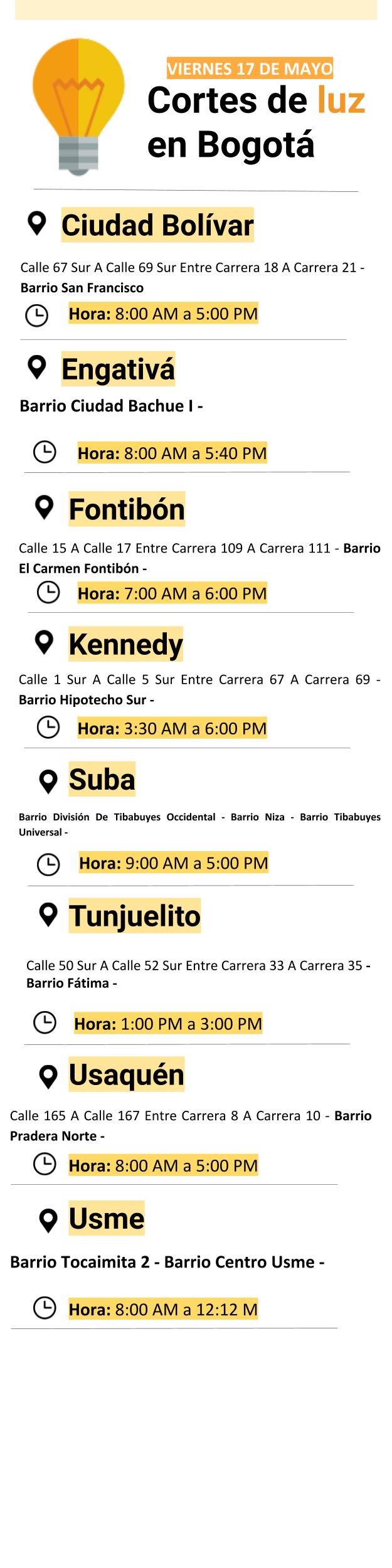 Plantilla cortes de luz viernes 17 de mayo de 2019