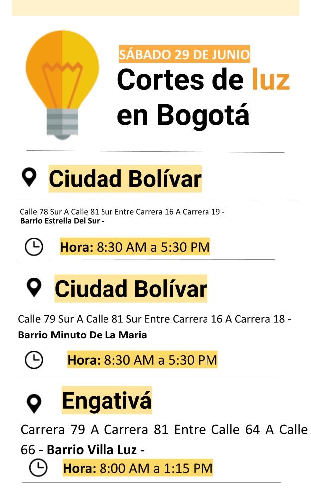 Plantilla cortes de luz sábado 29 de 2019