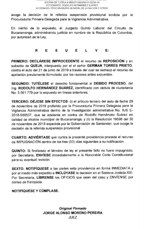 Donde se resuelve que Rodolfo Hernández se reintegre a su cargo 