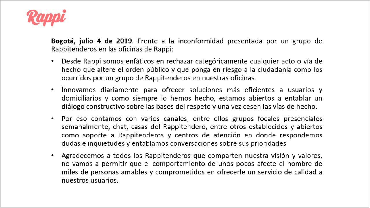 Comunicado 4 de julio de 2019 de Rappi