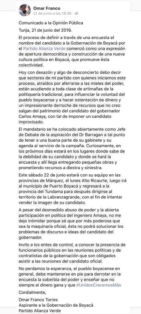 Comunicado a la opinión pública, tomado de página de Facebook Omar Franco