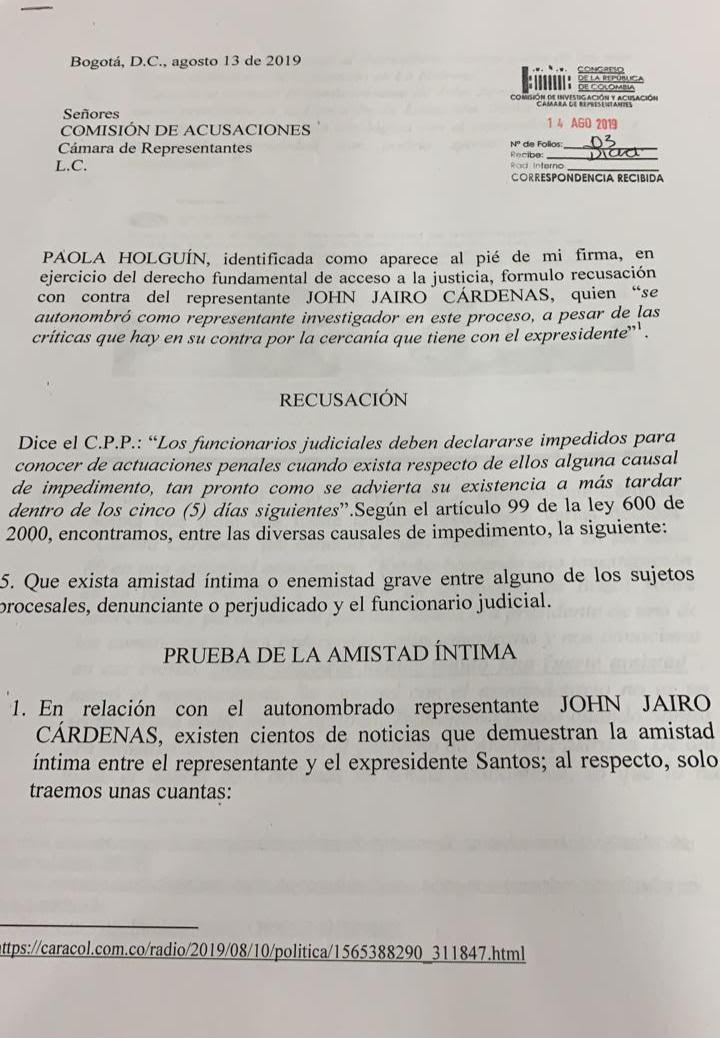 Recusación interpuesta por la senadora Paola Holguín contra el presidente de la Comisión de Acusación, John Jairo Cárdenas