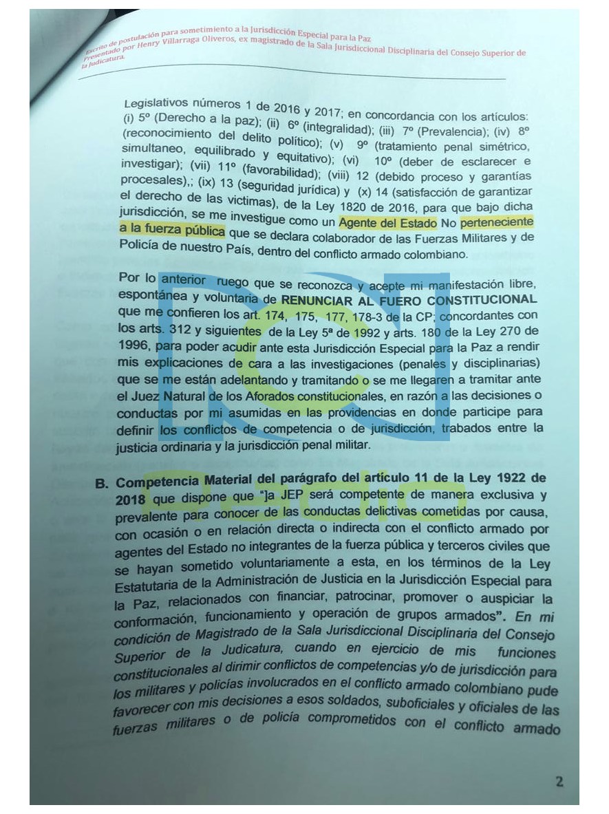 Documento dos sometimiento a la Jep exmagistrado Henry Villarraga.