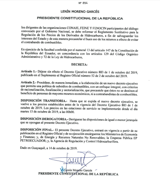 Nuevo decreto firmado por Lenín Moreno