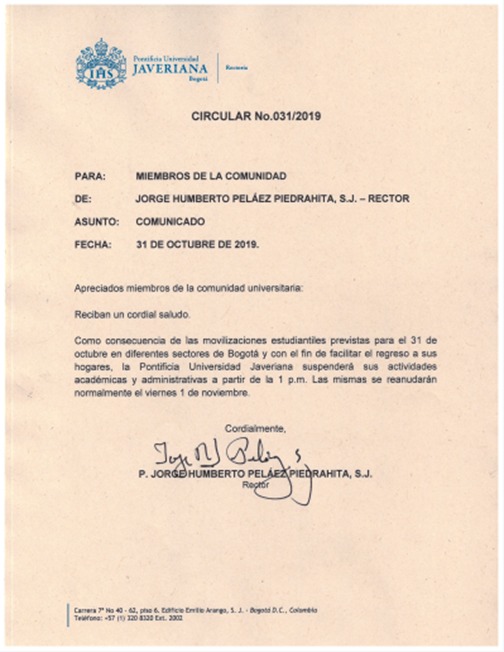 El comunicado de la Universidad Javeriana suspendiendo clases