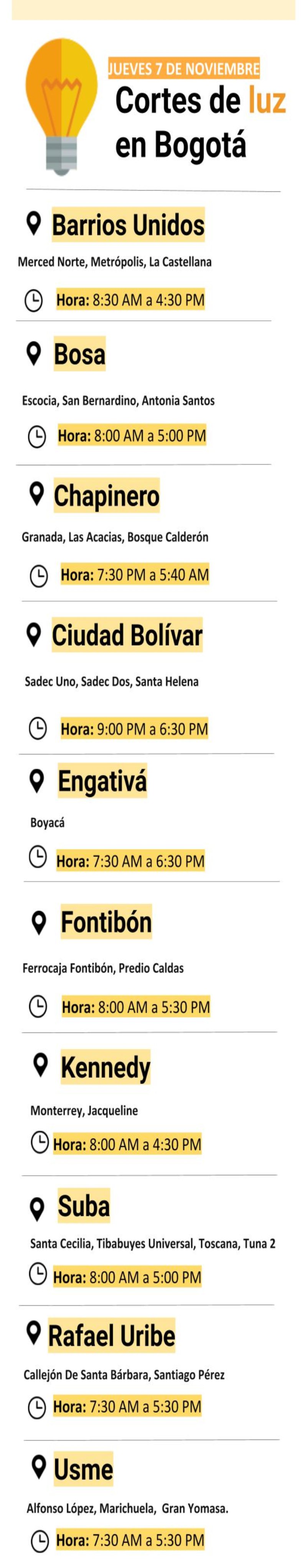 Los barrios de Bogotá que estarán sin luz este jueves
