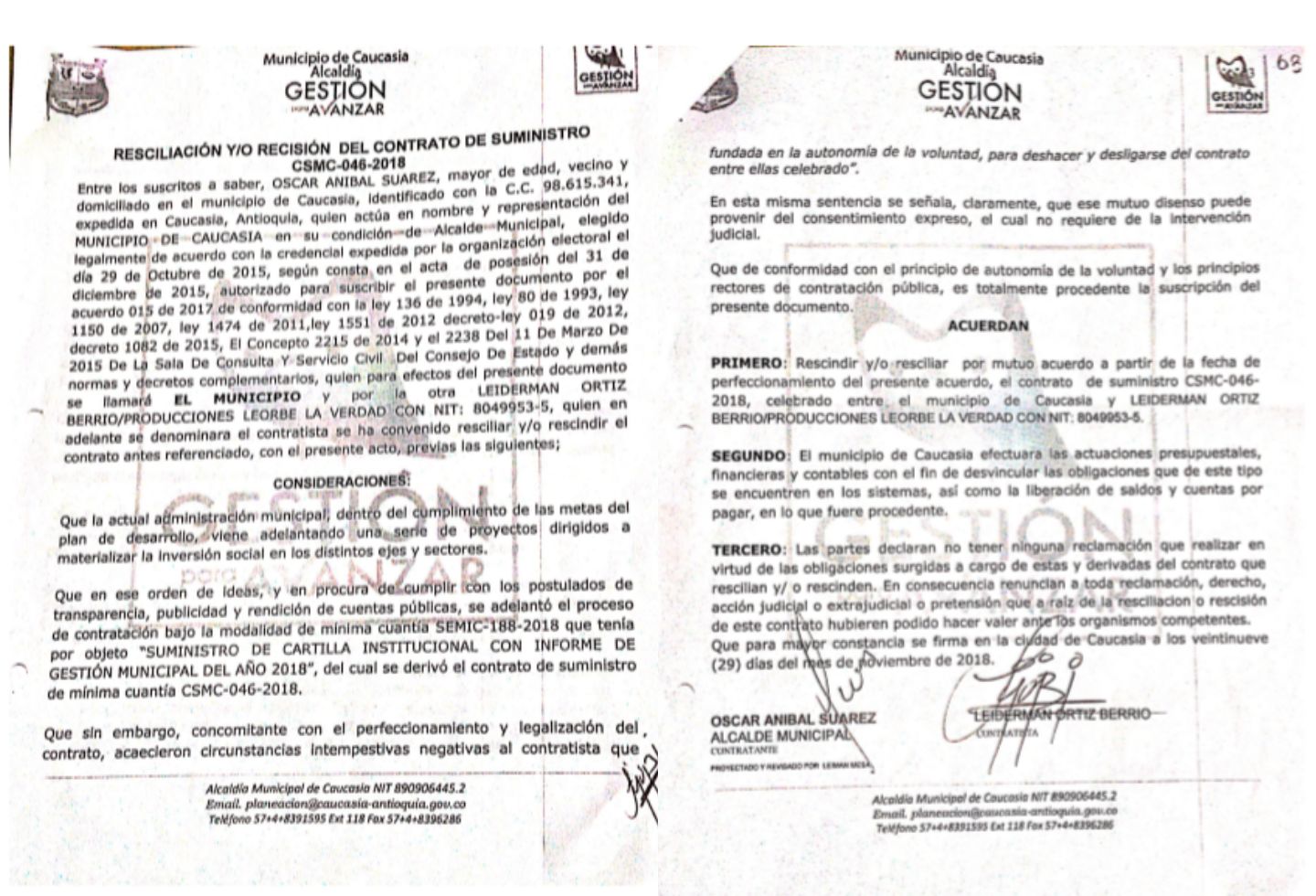 El acta de resciliación presentada por Leiderman Ortiz.