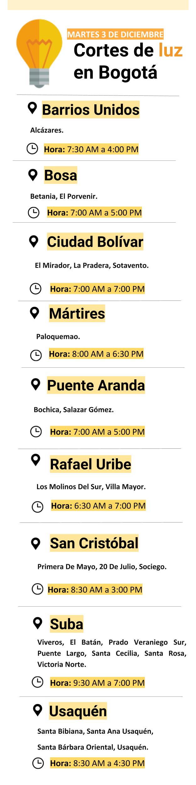 Cortes de luz en Bogotá para el tres de diciembre