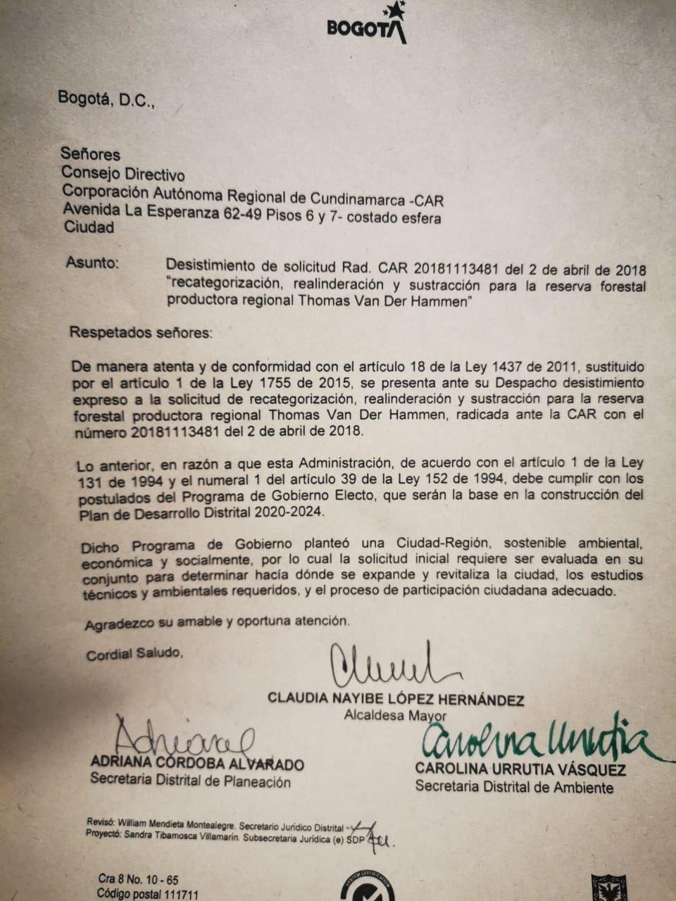 Carta de Claudia López sobre reserva Van der Hammen Carta de Claudia López sobre reserva Van der Hammen