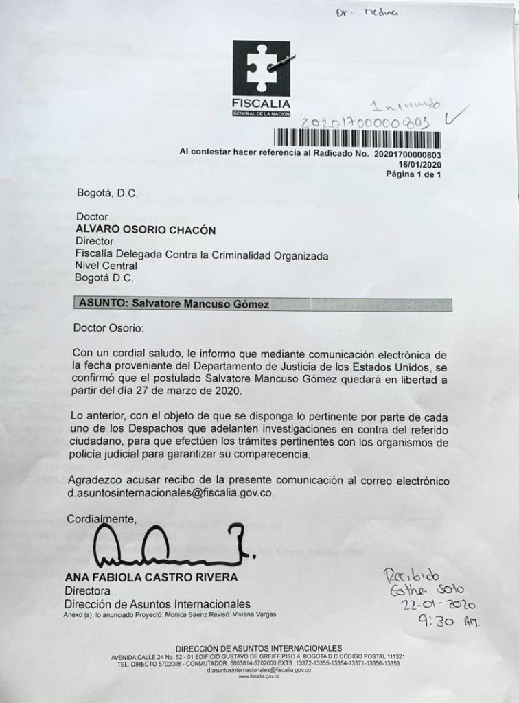 Carta sobre libertad de Mancuso Carta sobre libertad de Mancuso