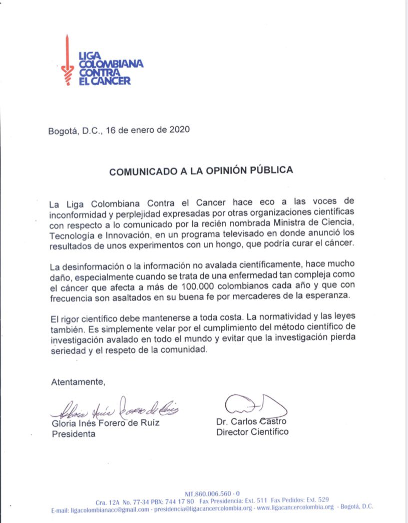 Comunicado Liga Colombiana contra el Cáncer