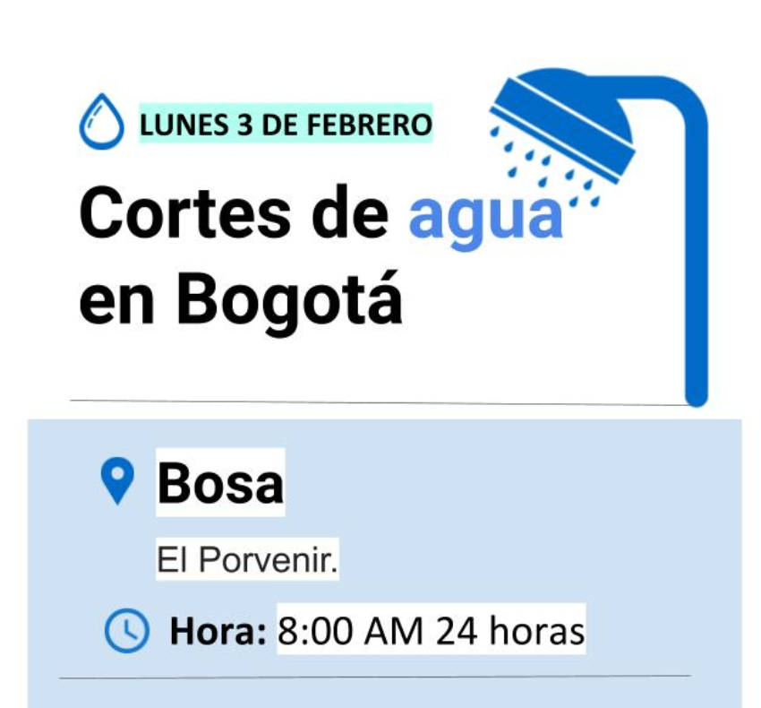 Cortes de agua en Bogotá lunes 3 de febrero