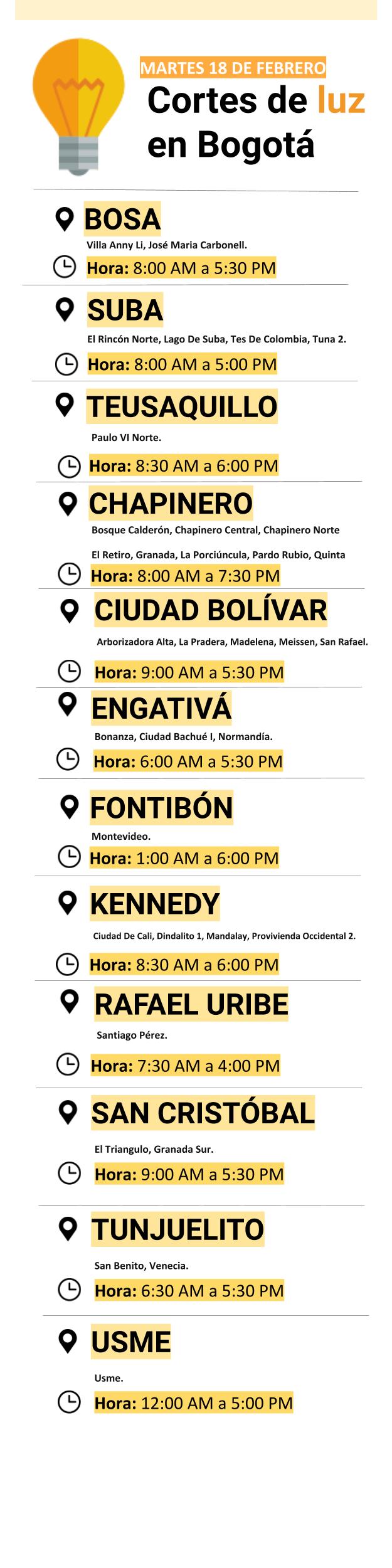 Cortes de luz en Bogotá para el martes 18 de febrero