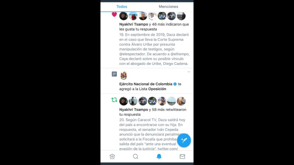 Captura de pantalla en la que el Ejército crea "lista de oposición" en Twitter.