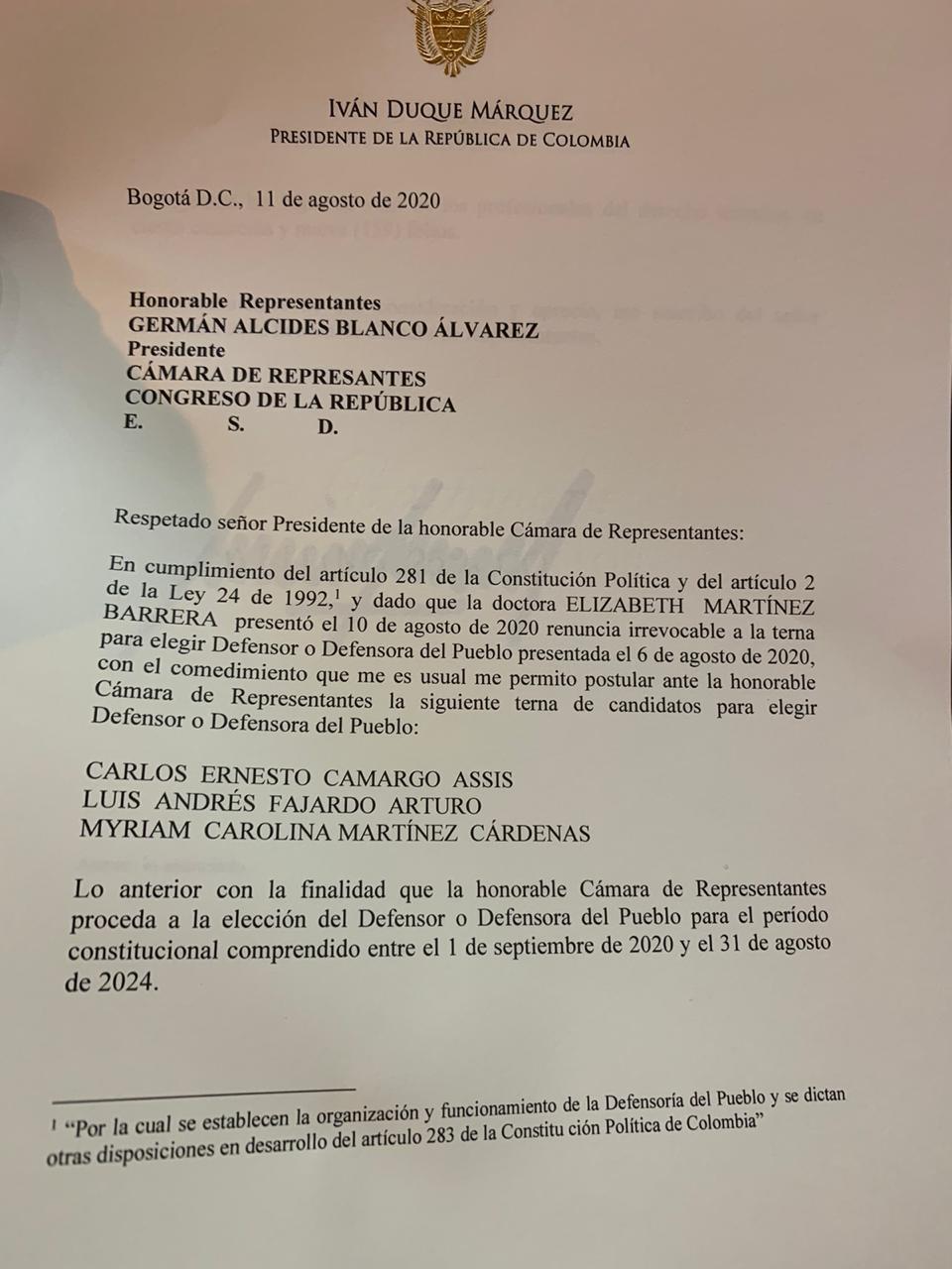 TERNA PARA LA DEFENSORÍA DEL PUEBLO TERNA PARA LA DEFENSORÍA DEL PUEBLO