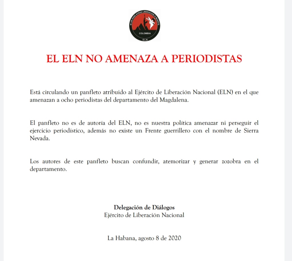 el ELN desde Cuba asegura que no amenaza a periodistas