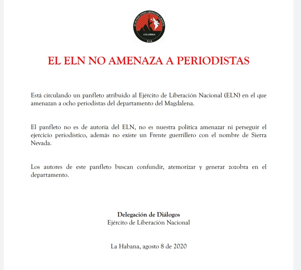 el ELN desde Cuba asegura que no amenaza a periodistas 