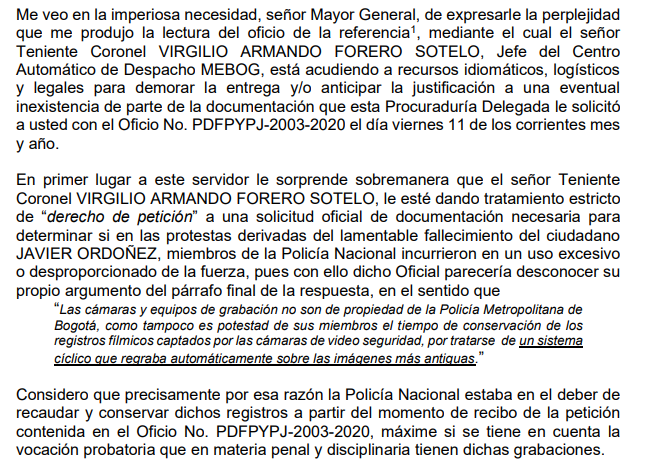 Oficio de la Procuraduría frente a primera respuesta de la Policía por las marchas del 9 y 19 de septiembre 2020