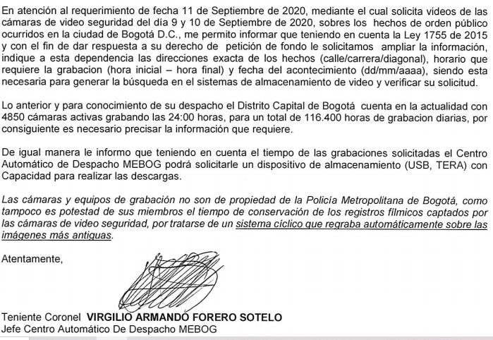 Respuesta de la Policía a la Procuraduría sobre marchas en septiembre 2020